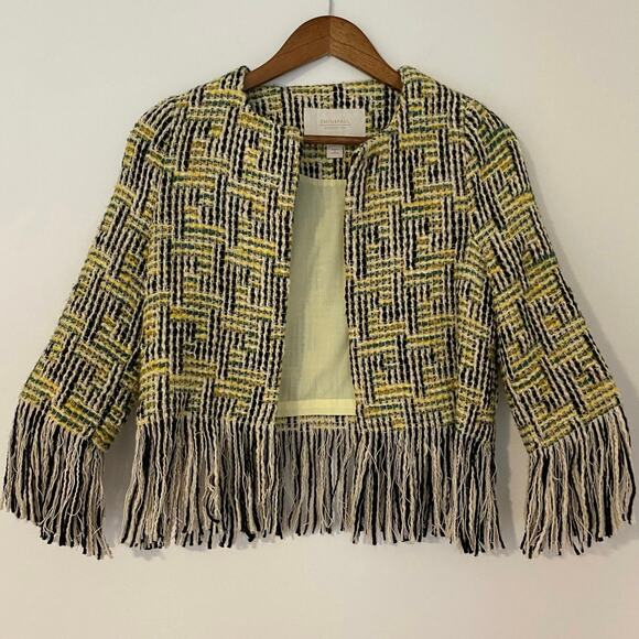 Emin and Paul Tweed Fringe Yellow Green Black Lady Jacket Wool Blend EUC Crop S - Picture 1 of 10